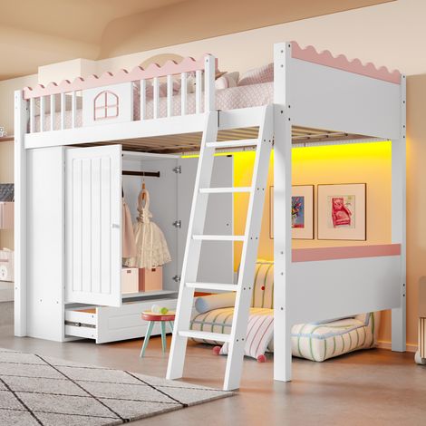 Cama alta infantil 90x200 cm con LED, armario, cajones y espacio de almacenaje, en pino y MDF, color blanco, ideal para dormitorio juvenil con diseño dulce CHICFURN (1/5)