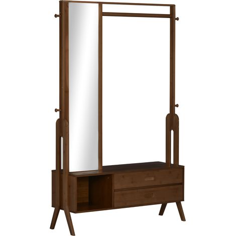 Porte-manteau en bambou avec banc miroir, 2 tiroirs, 4 crochets, barre et compartiment de rangement, 113x33x169,5 cm marron (1/5)