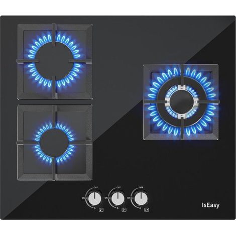 Plaque de cuisson gaz encastrable - 3 feux - Verre trempé noir - 60 x 52 cm (1/5)