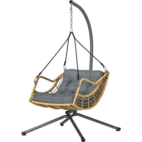 Fauteuil suspendu en résine tressée avec support, chaise suspendue, coussin, attache de sécurité, hauteur réglable, gris