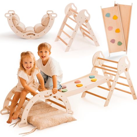 5-in-1 Montessori Klettergerüst Set: Indoor Kletterdreieck, Kletterbogen mit Kissen, und Rutsche für Kinder, Indoor Spielplatz 1-3 Jahre