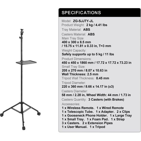 Soporte para proyector, altura regulable, soporte flexible para teléfono, plataforma doble con ruedas. (1/2)