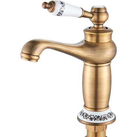 Robinet de salle de bain en laiton antique avec bec pivotant à 360°, montage sur comptoir court pour lavabo, eau chaude et froide, valve en céramique (1/2)