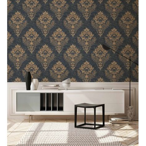 A.S. Creations – Papier peint baroque bleu foncé et or – Papier peint damassé moderne – Intissé pour chambre – Haute qualité Livingwalls