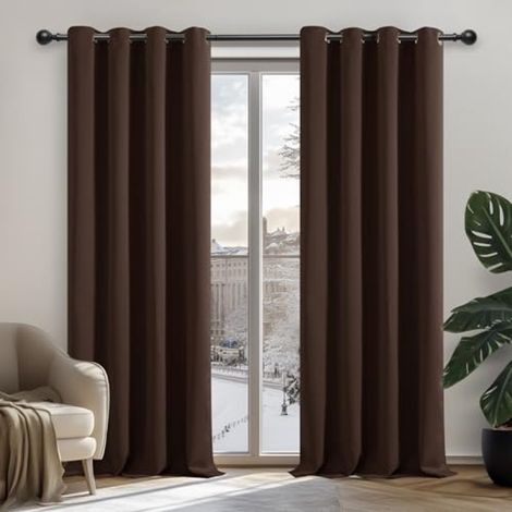 Cortinas opacas termoaislantes con ojales - Marrón - 135 x 240 cm por panel - Juego de 2 paneles - Aptas para dormitorio y salón (1/5)