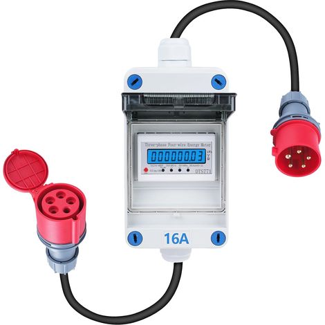 Compteur électrique numérique mobile 3 phases 16A 400V Prise CEE 3 phases Compteur numérique mobile 5x2,5 mm² avec réinitialisation Câble de 2m IP44 Adaptateur de prise Compteur (H07RN-F HR-03X) (1/5)