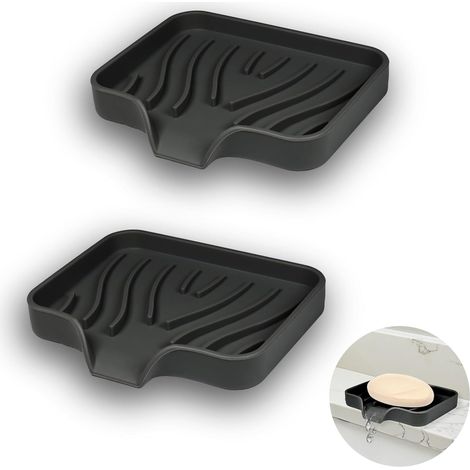 Zweiteiliger Seifenhalter aus Silikon mit Abfluss, abgewinkeltes Design, rutschfest für Dusche, Küche und Badewanne (schwarz)