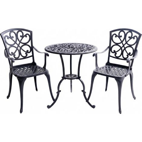 Centurion VIVALDI 3-Piece Cast Aluminium Garden Bistro Set - Rust-Proof Round Table with Parasol Hole & 2 Generously Sized Armchairs - Baroque Design for Patio, Balcony & Conservatory (Black)