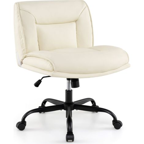 COSTWAY Cross Legged Chair PU Leather Armless Desk Chair w/Wheels-Beige (1/5)