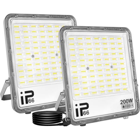 2Pcs Projecteur LED avec prise, 200W 20000LM Projecteur LED Extérieur, Spot LED Extérieur IP66 Etanche Eclairage de Sécurité pour Jardin Patio Garage Entrée Terrasse (1.5M Fil)