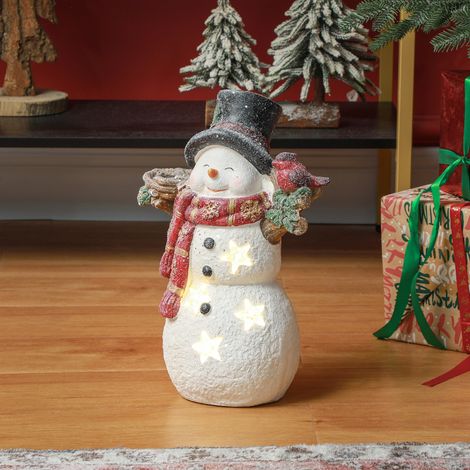 Décoration de Noël, bonhomme de neige avec oiseau, 4 LED blanc chaud, fonctionne sur piles, 25 x 15,5 x 38 cm (1/5)