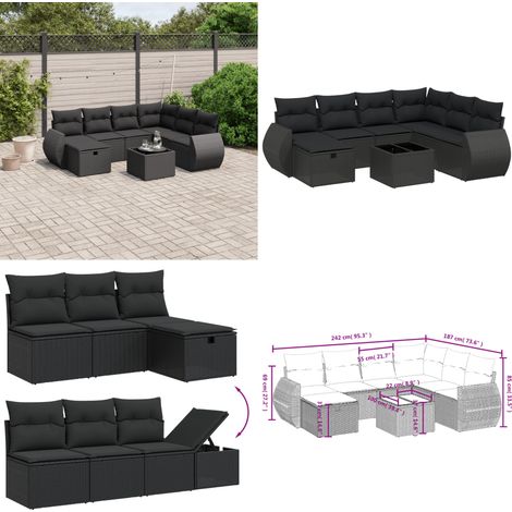 Salon de jardin 8 pcs avec coussins noir résine tressée - Ensemble Salon De Jardin - Mobilier De Jardin - Résine Tressée - Rotin Synthétique - Table Basse Jardin - Home & Living (1/5)
