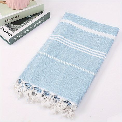 (bleu) Serviette de plage extra large en pur coton, anti-sable, à séchage rapide et légère. (1/5)