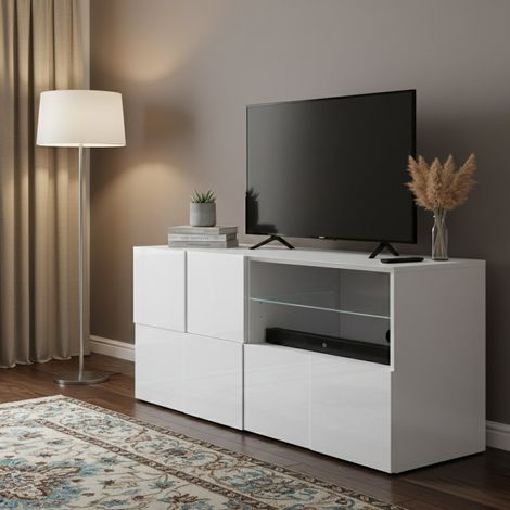 Dmora - Fernsehschrank Trasimeno, TV-Ständer für das Wohnzimmer, Niedriges Sideboard, TV-Ständer, Made in Italy, 122x43 h57 cm, Glänzendes Weiß (1/3)