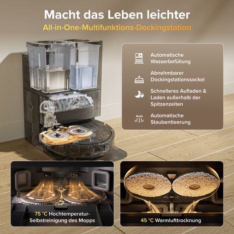 Roborock Qrevo S Pro Set Saugroboter Saugroboter mit absaugstation Wischfunktion, 18.500 Pa, 75 °C Heißwasser-Moppreinigung, Anti-Tangle System, Reactive Tech Hindernisvermeidung Set Schwarz