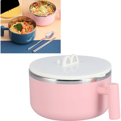 Instantnudelschüssel aus Edelstahl mit Deckel, tragbare Lunchbox für Zuhause, Büro und Studenten, japanischer Stil mit Besteck, große Schüssel, rosa + Besteck (1/5)
