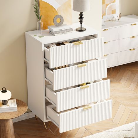 Commode 4 tiroirs, Armoire commode chambre a tiroirs, Meuble de Rangement Moderne avec poignées et Pieds dorés, pour Chambre à Coucher, Salon, 60 x 34 x 91 cm - Blanc (1/5)