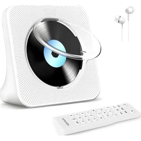 Lecteur CD Bluetooth avec Haut-Parleurs HiFi Intégrés, Lecteur Audio CD avec Télécommande, Radio FM, Prise Casque, Fonction d'arrêt Programmé, Compatible avec Les Interfaces AUX/USB, Couleur Blanche.