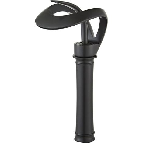 Robinet de lavabo noir, bec rond à effet cascade, poignée unique, trou unique pour le mélange d'eau chaude et d'eau froide. (1/5)
