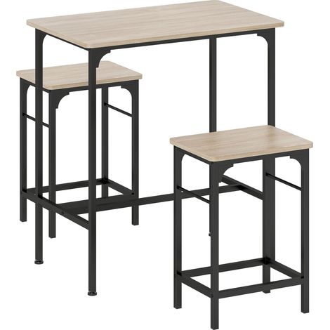 Ensemble table de bar avec 2 tabourets, structure en acier pour cuisine, salle à manger et salon, aspect bois naturel (1/5)