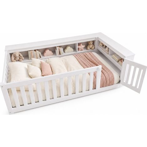 Lit enfant 90 x 200 cm avec rangements, barrière de sécurité, petite porte et sommier à lattes, bois blanc, lit au sol - CHICFURN (1/5)
