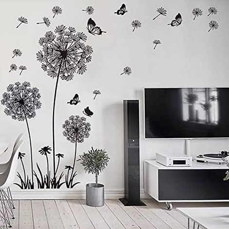 CSPARKV Wall stickers DANDELION FLOWERS black (165x130 cm) I butterfly plants branch tree I wall sticker sticker for living room bedroom kitchen office adult child
