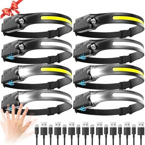 Lampe Frontale Rechargeable - 230° Large Angle - Capteur De Mouvement - 5 Modes - Etanche IPX4 - Pour Randonnée Camping Course - Lot De 8 (1/5)