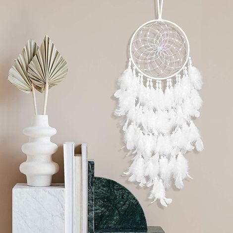 Attrape-rêves mural en plumes blanches et perles, style bohème tissé, art déco. Pendentif attrape-rêves pour la maison ou la chambre, artisanat. Cadeau fait main. (1/5)