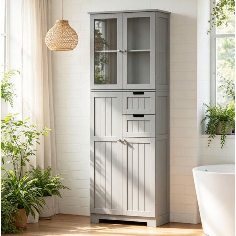 Haut meuble de salle de bain 60x30x170 cm en MDF gris, avec rangement moderne FloraGrace (1/5)