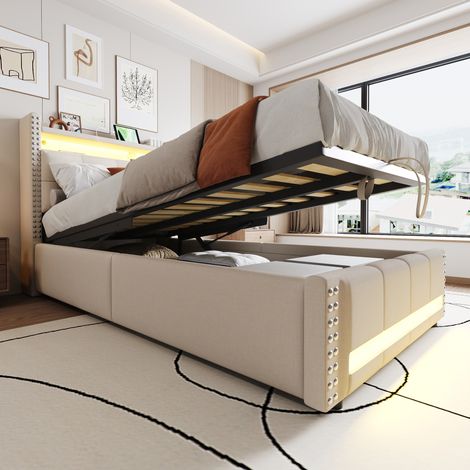 Cama infantil 90x200 cm con LED, USB y canapé, beige, madera, sin colchón FloraGrace (1/5)