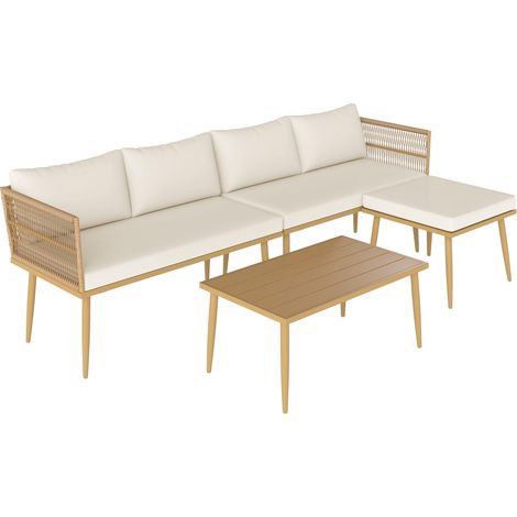Salon de jardin extérieur en résine tressée 5 places modulable 2 canapés, pouf et table basse, coussins inclus, crème