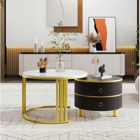 Set 2 tavolini da caffè rotondi 70x70x46 + 50x50x40 cm nero e oro con 2 cassetti, MDF (1/5)