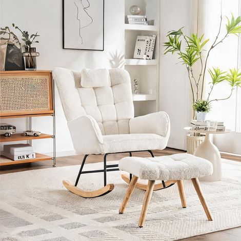 Fauteuil à bascule en tissu bouclé blanc avec repose-pieds (1/5)