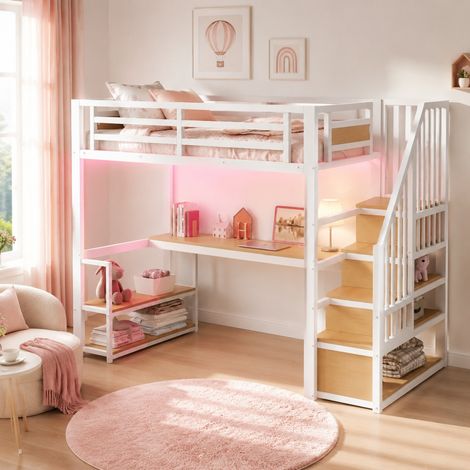 Letto a soppalco bambino 90x200 cm LED, scala con vano, bianco, metallo, senza materasso (1/5)
