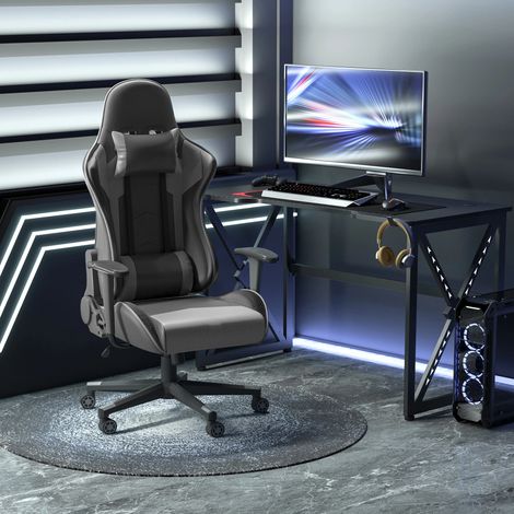 Sedia da ufficio fauteuil gaming ergonomica, inclinabile, altezza regolabile, poggiatesta, ecopelle nera (1/5)