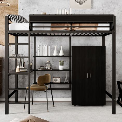 Lit superposé métal 90x200 cm avec bureau, armoire et rangements enfants noir