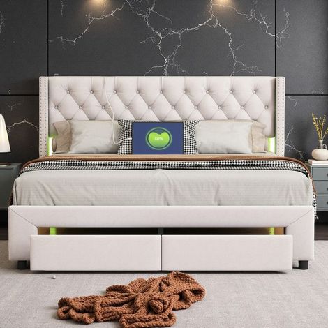 Letto Matrimoniale 180x200, Letto Contenitore con Cassetti e Ripostiglio, LED RGB Regolabile, 2 Porte USB, Velluto Bianco, Comfort King Size