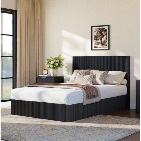 Cama canapé 140 x 200 cm con hidráulico, cabecero ranurado, negra (1/5)