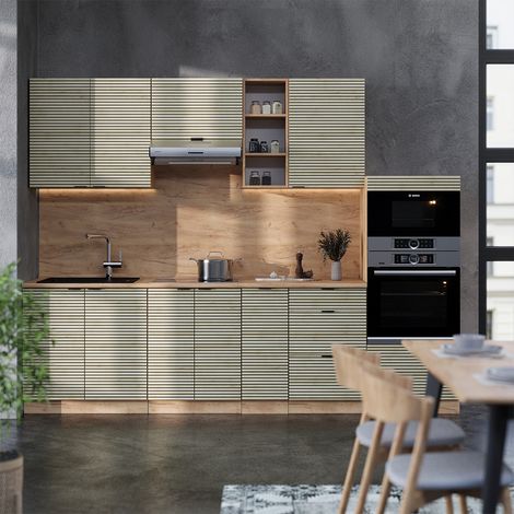 Küchenzeile Fame-Line, Eiche Paneel/Goldkraft Eiche, 280 cm , AP Marmor, Vicco