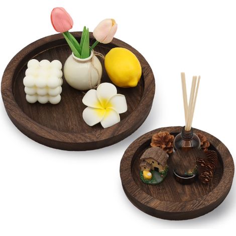 Set di 2 portacandele in legno vintage, rotondi, con finitura bruciata, ideali per tavolini da caffè, apparecchiature da tavola e decorazioni per il bagno. (1/4)