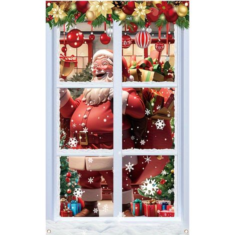 Nouvelle décoration de fenêtre de Noël, tenture Père Noël, décoration de fête, drapeau d'extérieur - 80 x 120 cm (œillets + ruban) - Modèle 6