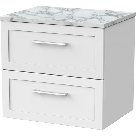 Stonnall Traditional Wall Hung 2 Drawers Vanity Unit with Carrera Marble Laminate Worktop, 600mm, Matt White
