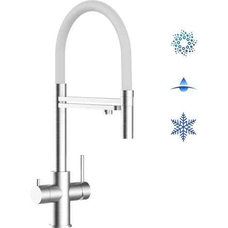 Robinet de Cuisine Mitigeur 5 voies en ACIER INOXYDABLE CHIRURGICAL 316 brosse mat bec blanc orientable et douchette 2 jets detachable VIZIO (1/5)