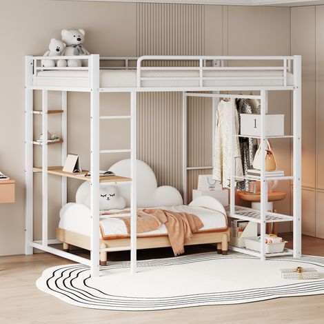Lit mezzanine 140x200cm - Lit enfant en métal avec échelle, table avec cintres simples et compartiments de rangement - blanc (1/5)