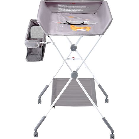 Table à langer pliable avec panier latéral, hauteur réglable, roulettes verrouillables, rangement multifonctionnel, gris clair. (1/5)