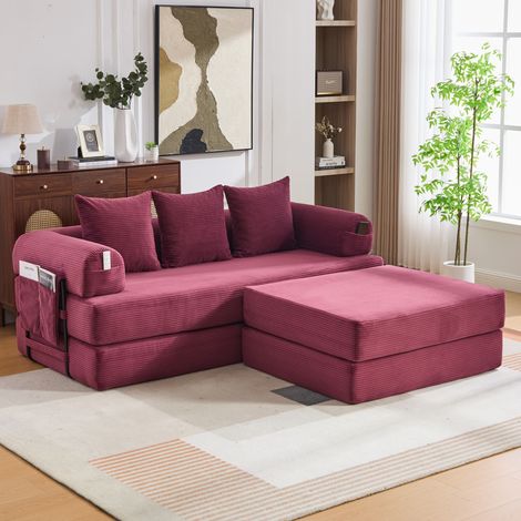 Divano modulare in velluto a coste 200x190x67 cm rosso vino con pouf, 3 cuscini e tasca laterale (1/5)