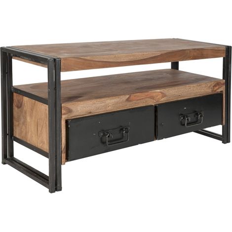 Meuble TV Bas Lowboard en Bois d'Acacia Massif et Métal Style Industriel 112 cm - PANGIVO (1/5)