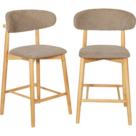 sweeek - 2er-Set Barhocker aus naturfarbenem Heveaholz mit Chenille-Bezug Natur / Taupe (1/5)