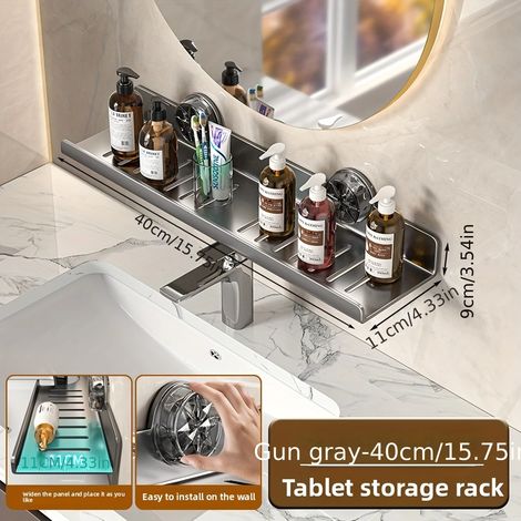 (Gris 40x11x9cm) Organisateur mural multifonctionnel à ventouses pour robinet, rangement pour produits de maquillage et articles de toilette, avec égouttoir. (1/5)