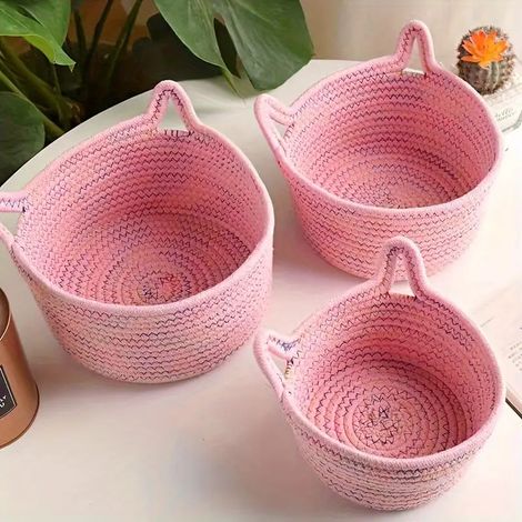 3 paniers de rangement en corde de coton, organisateur de bureau avec poignées en oreilles de chat, boîte de rangement pour jouets, panier à linge (1/5)